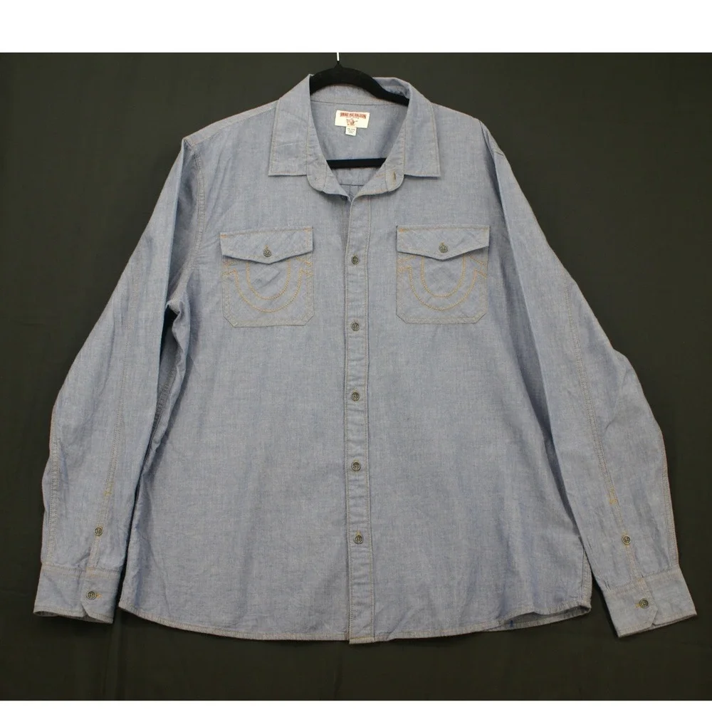 True Religion Mens 2XL Blue Chambray Long Sleeve Horseshoe Button Down Shirt